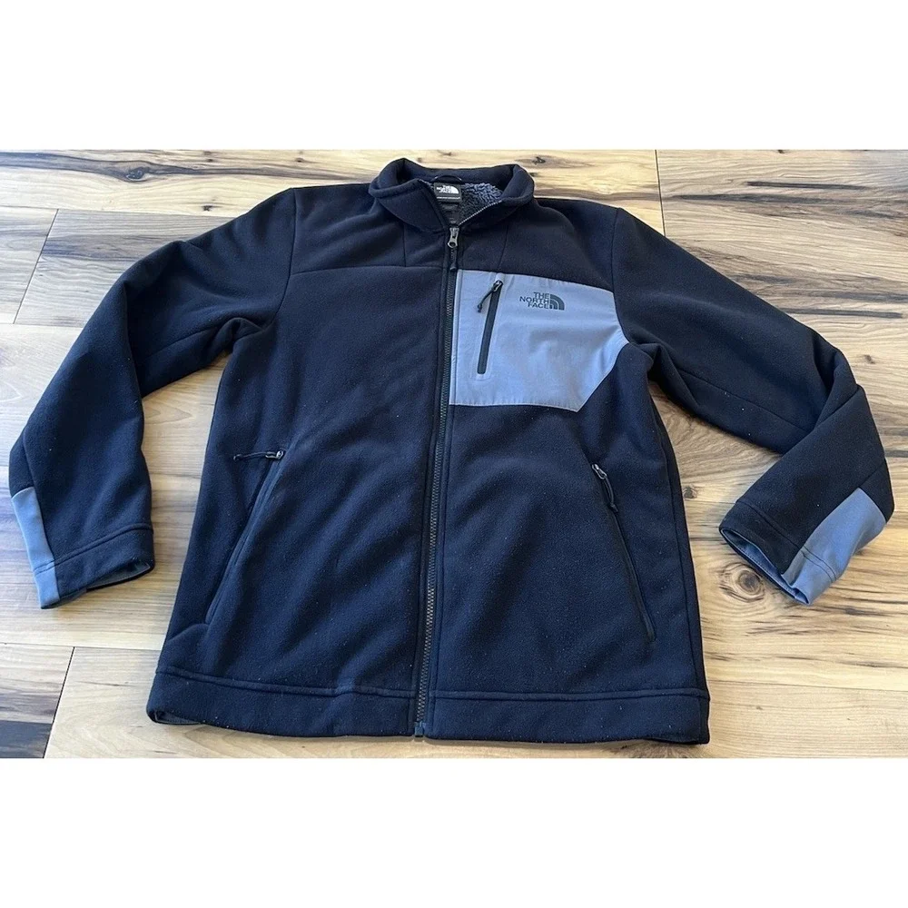 The North Face Men's Medium Full Zip Fleece Jacket Black Gray Logo